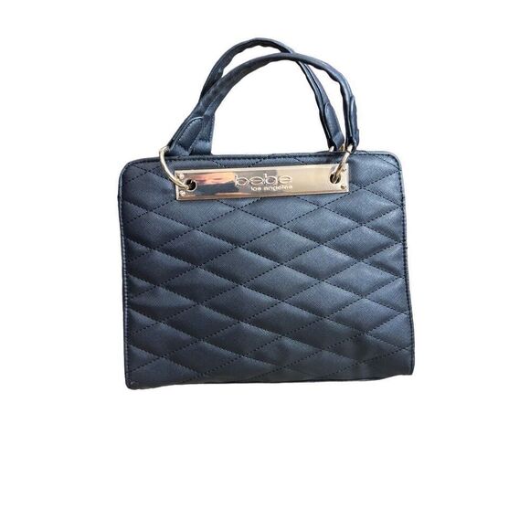 Bebe Purse Quilted Handbag Black Gold Satchel Accents Cocktail Mini Bag - Picture 2 of 15